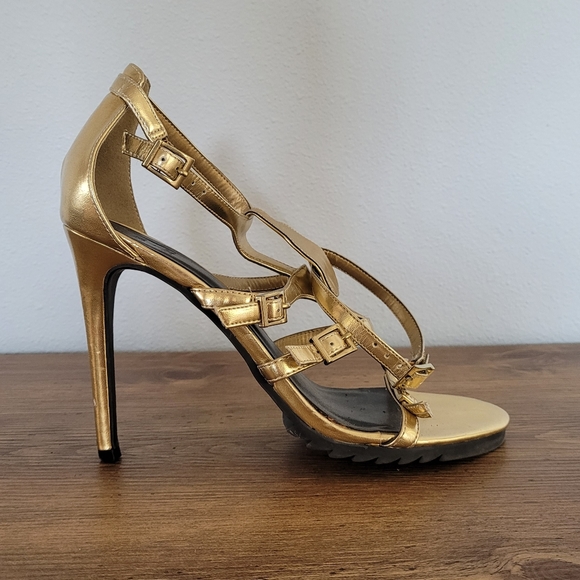 Beau & Ashe Kafka Stiletto Sz 10 Gold Gladiator Cage 4.5" Heel Chunky Tread - Picture 10 of 14